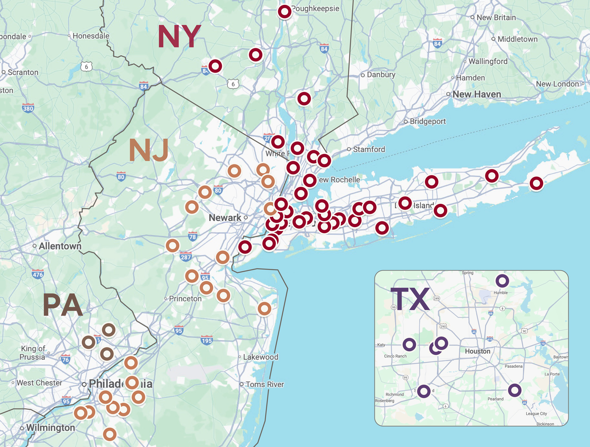 map of New York, New Jersey and Pennsylvania