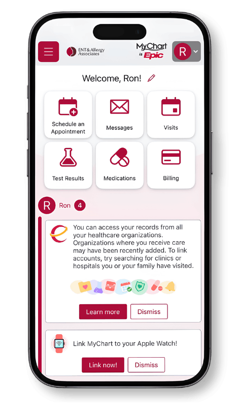 ENT & Allergy Associates MyChart app shown on a smartphone
