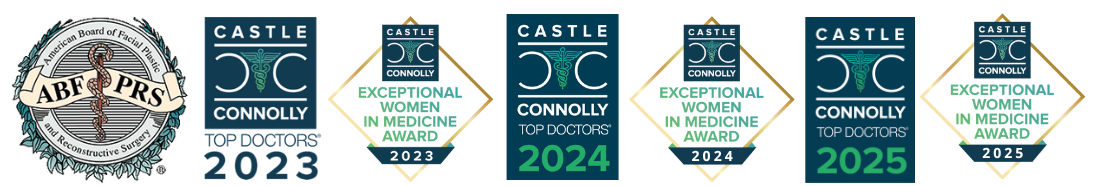 A series of six badges; the first from the American Board of Facial Plastic and Reconstructive Surgery, followed by Castle Connolly awards for 'Top Doctors' and 'Exceptional Women in Medicine' for the years 2023, 2024, and 2025.