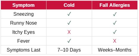 Chart comparing symptoms of a cold versus fall allergies. Checkmarks indicate sneezing, runny nose for both; itchy eyes for allergies; fever for a cold.